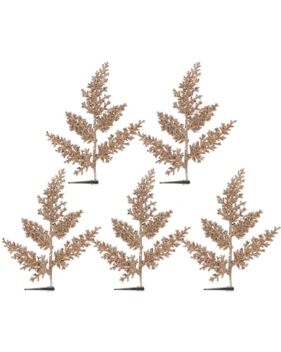Set of 5 Rose Gold Glitter Leaf Christmas Tree Picks, 23cm Sprays - 5 rose gold glitter leaf picks, 23cm decorative Christmas sprays for trees, wreaths, garlands and festive displays