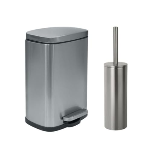 Spirella - AKIRA Steel Pedal Bin + Toilet Brush Set - Soft Easy-Close Closure, Anti-Fingerprint - 21.3 x 17.5 x 30 cm - 5L - Brushed Stainless Steel