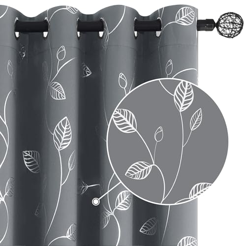 BUHUA Wave Silver Leaf Print Blackout Curtains for Living Room Darkening Curtains Light Blocking Curtains for Bedroom 66W??84L Light Grey 2 Panels