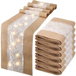 Xinnun 6 Pack Burlap Table Runner with LED String Lights Lace Rustic Natural Vintage Boho Jute Runner for Farmhouse Wedding Thanksgiving Decor(Classic,12x108 Inches)