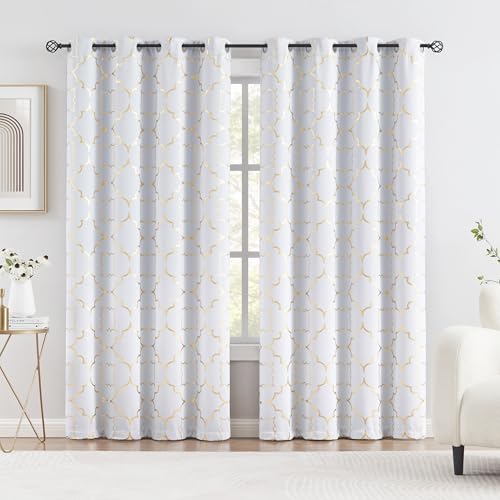 Purainbow White Blackout Curtains for Bedroom, 90 Inches Long Gold Foil Moroccan Metallic Panels Energy Efficient Drapes for Living Room, Thermal Insulated Window Treatments Grommet Top 2 Panels