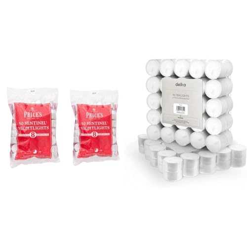 Price's Candles 2 x 50 Pack Sentinel Range 8 Hour Tealights Bags & delka 8 Hour Tea Light Candles, 50 Pack, Long Burning Time, Unscented Tea Lights - White