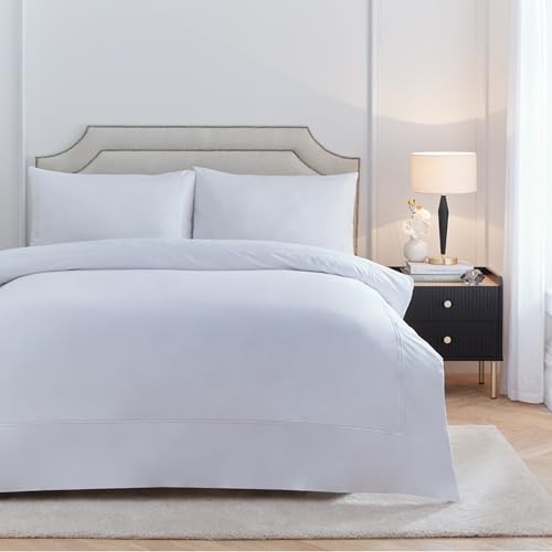 Paoletti Elara Duvet Cover Set – Luxury 200 Thread Count Cotton Embroidered Border Bedding Set (White - Double)