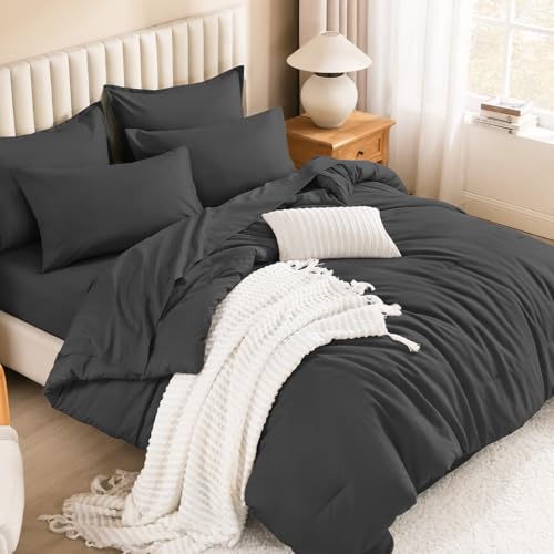 Litanika Comforter California King Size Set Dark Grey - 7 Pieces Bed in a Bag California King Beddding Comforter Sets, Plain Lightweight Bed Set with Comforter, Sheets, Pillowcases & Shams