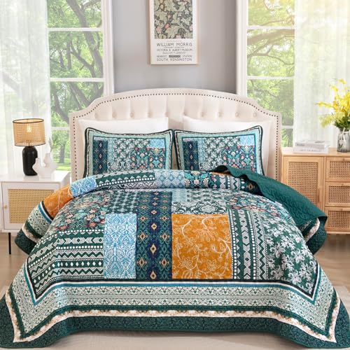 "WONGS BEDDING Green Quilt Set Queen Size, 3 Pieces Boho Patchwork Quilt Reversible Lightweight Microfiber Farmhouse Floral Pattern Bedspreads Bedding Set for All Seasons (96""x90"")"