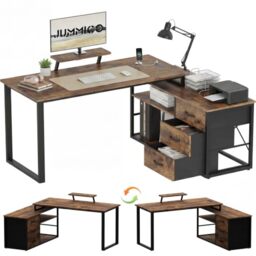 JUMMICO Corner Desk with 3 Drawers and Monitor Stand Vintage Brown