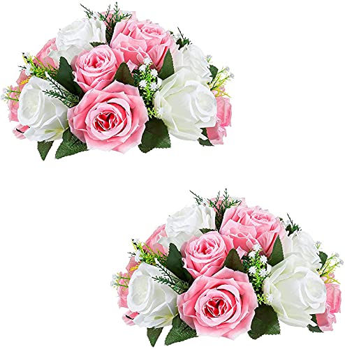 Pack of 2 Fake Flower Bouquet, Plastic Roses with Base, Suit for Wedding/party Centerpiece Road Lead Flower Rack Decorations (Pink & White)