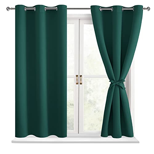 Hiasan Short Blackout Curtains for Bedroom - Thermal Insulated & Energy Saving Window Curtains for Living Room, 2 Drape Panels Sewn with Tiebacks, Hunter Green, 38 x 45 Inch