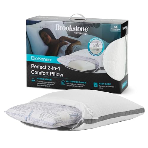 Brookstone 2-in-1 Comfort Memory Foam Pillow with Better Than Down Fill for Firm Yet Plush Feel - Innovative Hybrid Design Bed Pillow with Dual-Sided Cool & Warmth Comfort All Seasons - Soft Pillow