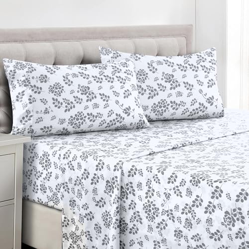 LUX D??cor Floral King Sheet Set - 4 Piece Ultra-Soft Microfiber Bed Sheets with Flat Sheet, 16 Inches Deep Pocket Fitted Sheet & Pillowcases, Breathable, Bedroom Decor, Oeko-TEX - White Grey