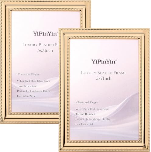 YiPinYin Classy Gold Plated 5x7'' Picture Frame 2 Pack,Classic Metal Beaded Design,Real Glass Front and Soft Velvet Backing,with Tabletop and Wall Hanging,Home Decor