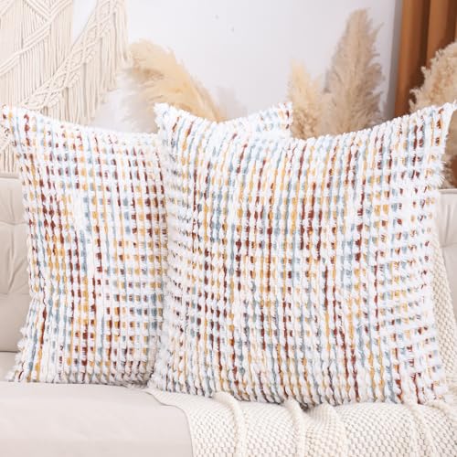 LUOYEHK Boho Throw Pillow Covers 26x26 Inch Set of 2 Chenille Tufted Pillowcase Farmhouse Neutral Cushion Covers for Couch Sofa Bed Living Room, Orange White