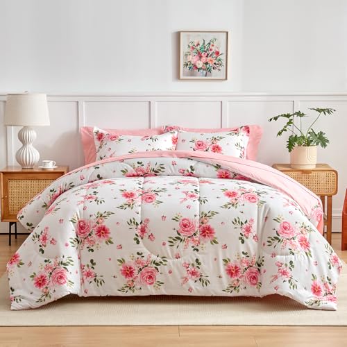 Flower Comforter Sheet Set White Bed in a Bag 7 Pieces King Size Dark Pink Floral Microfiber Bedding Set (1 Comforter 2 Pillow Shams 1 Pink Flat Sheet 1 Fitted Sheet 2 Pillowcases)