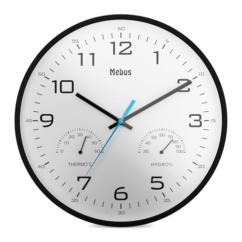 Mebus Temperature and Humidity Analog Quartz Wall Clock with Thermometer and Hygrometer, Plastic, Black, 30 cm Diameter, 16180