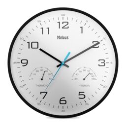 Mebus Temperature and Humidity Analog Quartz Wall Clock with Thermometer and Hygrometer, Plastic, Black, 30 cm Diameter, 16180