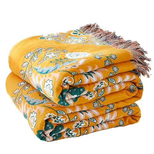 "VANJOROY Boho 100% Cotton Soft Throw Blanket for Couch Bed Decorative Floral Blanket Reversible Yellow Boho Throw Blanket for Chair Couch Comforter Gift 80""x90"""