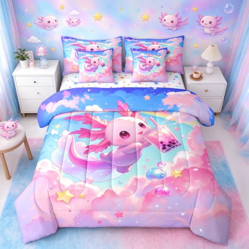 Feelyou Kids Cute Axolotl 7 Pieces Bedding Set Queen Size, Galaxy Cloud Comforter Set with Sheets Boys Girls Cartoon Animal Bed in A Bag Dreamy Rainbow Teens Bed Set Bedroom Decor 7Pcs