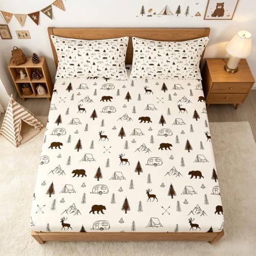 Camper Car Tent Fitted Sheet Queen Size,Brown Bear Deer Bed Sheets Pine Mountain Paddle Print Bedding Set Camping Hunting Adventure Deep Pocket Sheet for Kids Teens Adult Room Decor,2 Pillowcase