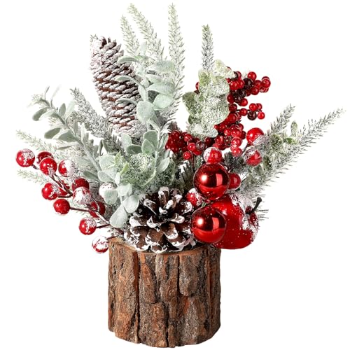 Hatisan Small Christmas Tree, Artificial Christmas Tree with Christmas Ornaments Pine Cone Berry, Tabletop Christmas Tree for Christmas Decorations Home Room Party Winter Indoor Outdoor((Red-Round)
