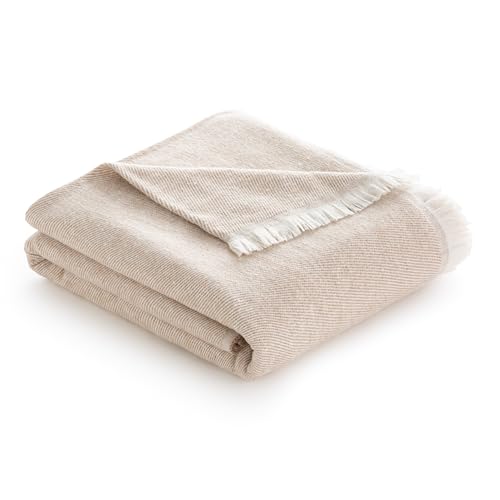Todocama - Extra Soft Cotton Blanket with Stripes Design, Four Seasons Multipurpose Bedspread for Sofa, Bed, Decorative Cover and Throw, (Sand Beige, 120 x 180 cm)