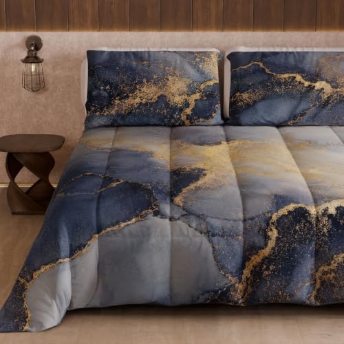 PETTI Artigiani Italiani Printed Winter Duvet 220 ?? 260 cm - Marble Midnight Blue, Reversible Microfibre Quilt, 300 g/m??, Made in Italy