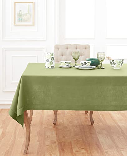 Solino Home 100% Pure Linen Tablecloth Moss Green Hemstitch, 60 x 108 in - Classic Hemstitch Table Cloth For Dining, Home Decor, Table Setting, Indoor & Outdoor Use, Parties, Gifting, Machine Washable