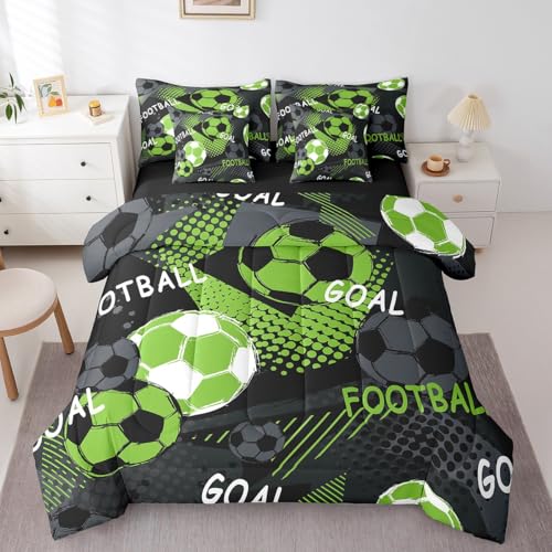 Feelyou Soccer Comforter Set with Sheets Kids Queen Size 7 Pieces Football Bedding Set for Boys Girls Teens Geometric Ball Gaming Sports Theme Bed in a Bag Room Decor