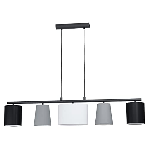 "EGLO Pendant Lamp Almeida 1, 5 Bulbs Fabric Pendant Light, Steel and Fabric, Colour: Black, Grey, White, Socket: E14, L: 1200 mm (47.2"")"