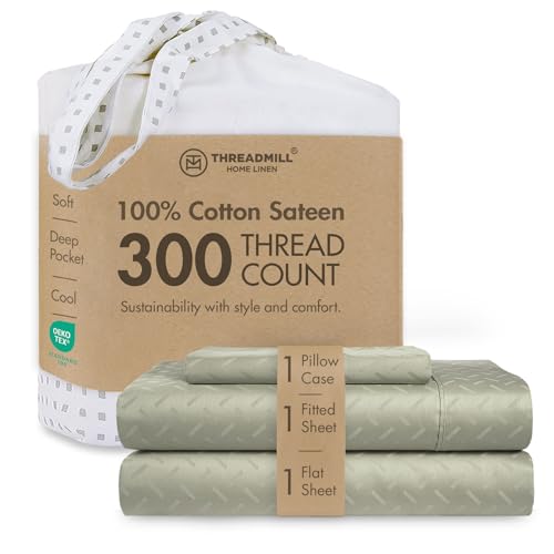 Threadmill Cotton Twin XL Sheet Set - 100% Cotton Sheets for Twin XL Size Bed - Damask Jacquard Sateen Twin XL Bed Sheets Set with 16??? Deep Pocket - Soft Breathable 3 pc Cooling Sheet Set - Sage Green