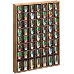 Barydat Shot Glass Display Case Wood Shot Glass shelf holder 56 Compartments Wall-mounted Rustic Bar Cabinet(Brown,1 Pcs)
