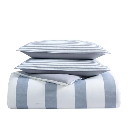 Nautica Reversible Cotton Bedding Set, Designer Home Decor, 100%, Blue/White/Grey, Queen