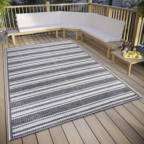 HANSE Home Temu Indoor & Outdoor Rug Weatherproof - Modern Striped Pattern, Waterproof Robust Outdoor Rug Flat Weave for Garden, Balcony, Patio, Living Room - Grey Beige, 76 x 150 cm