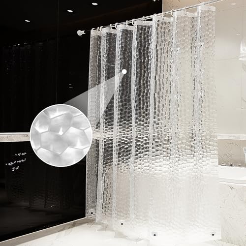 OTraki Clear Shower Curtain, 180 X 200 CM Extra Long Shower Curtain, 3D Design Weighted Bath Curtain, Anti Mould Resistant Shower Curtains, Thicken Waterproof Bathroom Curtain with 12 Curtain Hooks