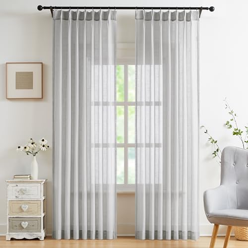 "WEST LAKE Light Gray Pinch Pleated Sheer Curtain Panels 90 Inches Long,Silver Grey Farmhouse Light Filtering Drapes with Privacy,Linen Textured Window Treatment with Back Tabs Hooks,40"" Wx90 Lx2"