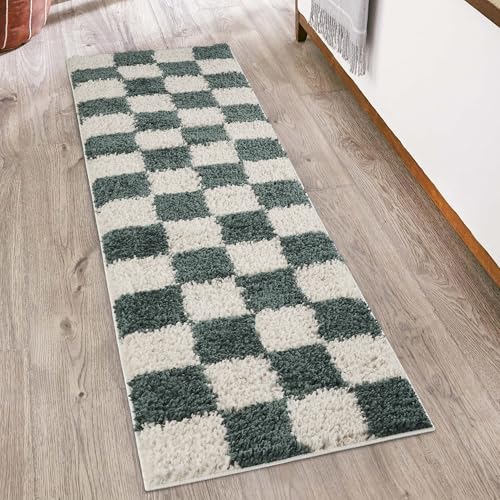 Rugs by Desire Chester Living Room Shaggy Area Rug Modern - Contemporary Checkered Design 30mm Plush Pile Jute Backing Soft Woven Carpet -Hallway Runner Indoor Rug, Jade Green, 60x220 cm
