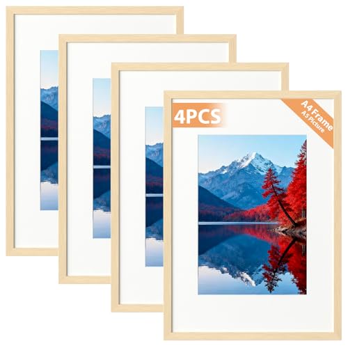 Alyvisun 4 Pack A4 Frame, A4 Picture Frames Display Pictures 14x20 cm with Mat or 19.7x29.3 cm Without Mat, Photo Frame Horizontal and Vertical Formats for Wall Hanging or Tabletop, Wood Grain