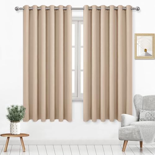 DWCN Blackout Curtains 63 Inch Length, Room Drakening Curtains for Bedroom, Solid Grommet Living Room Curtains Extra Wide Curtains, Beige, W70 x L63 Inch, Set of 2
