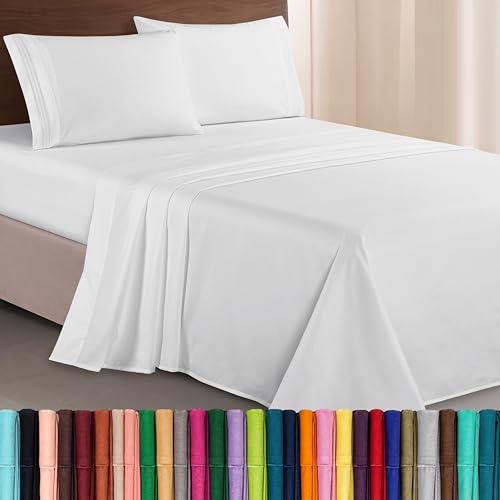 Elegant Comfort Luxurious 1500 Premium Hotel Quality Microfiber Three Line Embroidered Softest 4-Piece Bed Sheet Set, Wrinkle and Fade Resistant, Full, White