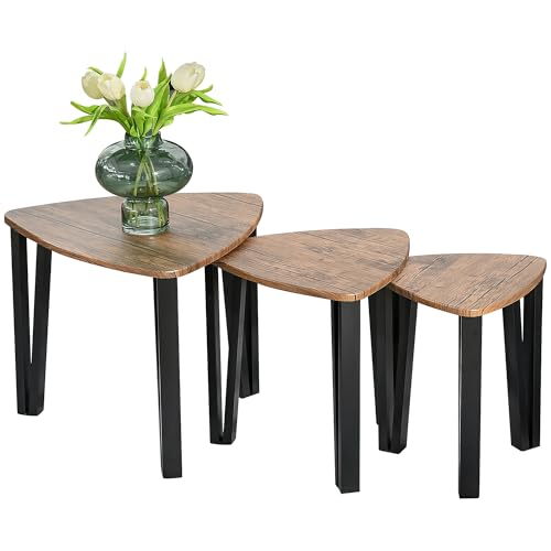 HOMCOM 3 PCs MDF Steel Nesting Table Coffee Table Set Multifunctional End Side Table Living Room Furniture Walnut Wood Grain