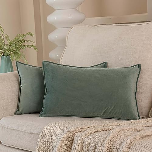 JUSPURBET 16x24 Decorative Velvet Throw Pillow Covers Set of 2,Sage - Decorative Soft Solid Pillow Covers,Flange Edge Design,for Couch Bed Sofa Living Room Bedroom,Luxury Modern Home Decor