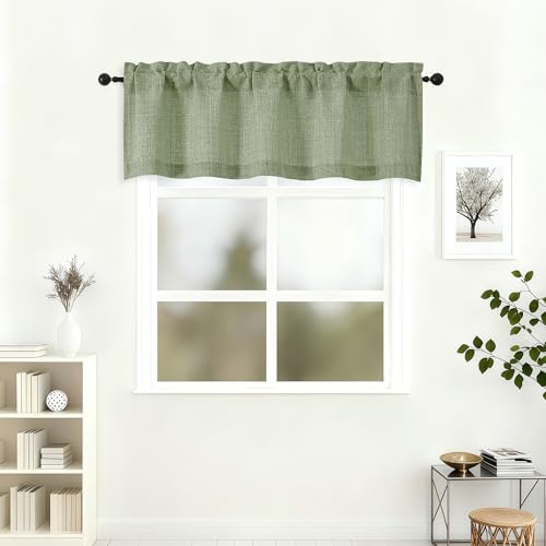 "Lecloud Green Valances for Windows 16 Inch Length, Light Filtering Modern Small Kitchen Curtains, Rod Pocket Faux Linen Textured Window Treatments Privacy Drapes for Cafe, 52"" W x 16"" L 1 Panel"