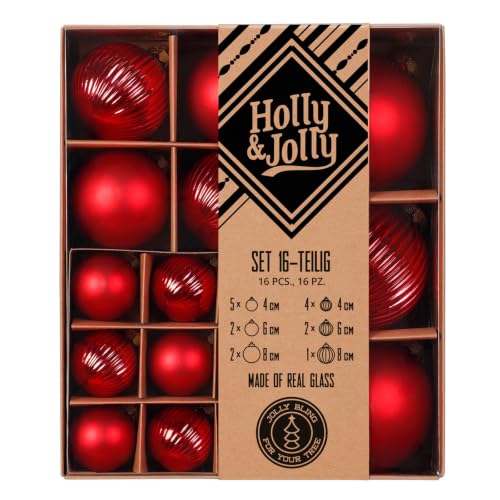 Christmas Baubles, Pack of 16, 4.6.8 cm, Assortment with Grooves, Structural Balls, Decorative Christmas Tree Baubles (Merry Red, Red)