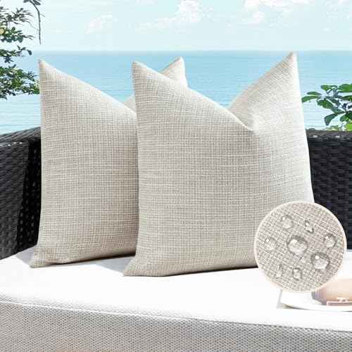 Artscope Outdoor Waterproof Throw Pillow Covers 18x18 Inch Decorative Linen Outdoor Pillows Cushion Case for Patio Couch Sofa - Beige