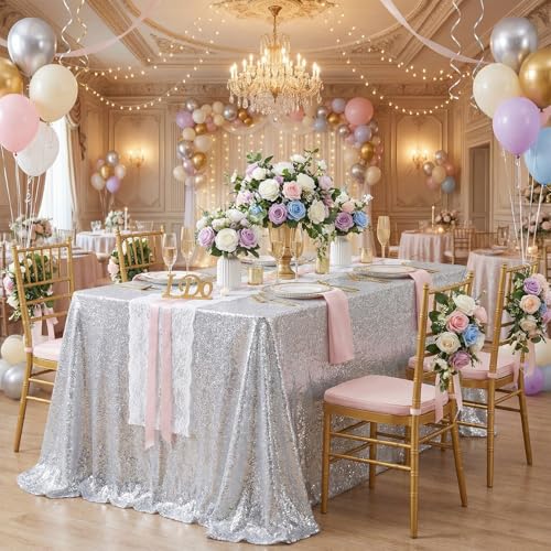 QueenDream Sequin Tablecloth 90x132 Inches Rectangular Silver Table Cloth Glitter Fabric Overlay for Wedding Birthday Bridal Shower Decorations