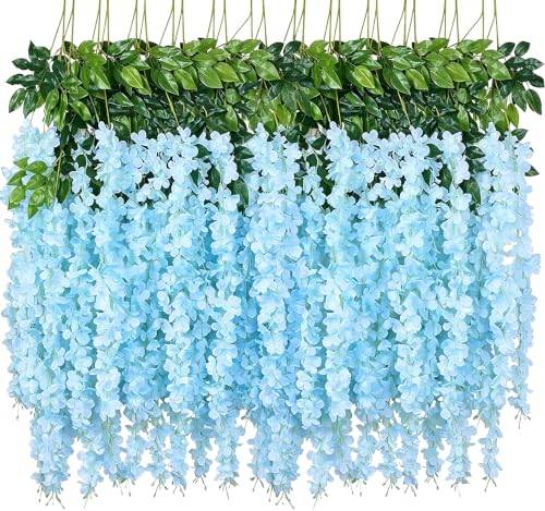 WEISPARK Wisteria Hanging Flowers - 12 Pieces 3.75 Feet/Piece Artificial Wisteria Vine Fake Ratta Hanging Garland Silk Flowers for Home Party Wedding Decor