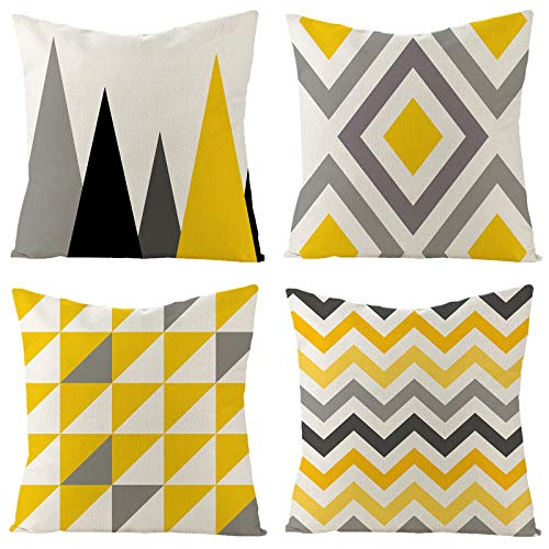 "Tosewever Set of 4 Decorative Geometric Yellow Grey 18 x 18 Inches Throw Pillow Covers - Modern Pattern Linen Square Pillow Cushion Case for Sofa Couch Bed Home Decor Outdoor (18"" x 18"", Yellow/Gray)"
