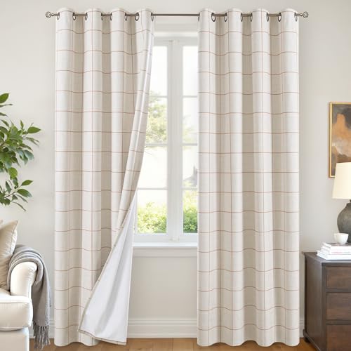 Lajode Plaid Linen Blackout Curtains for Living Room - Farmhouse Gingham Patterned Grommet Modern Cottage Window Treatments Thermal Insulated Boho Checkered Drapes, 52x84 Inch 2 Panels, Terracotta