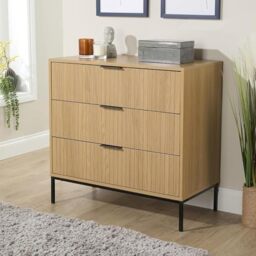 Home Source Chest of Drawers – 3 Drawer Oak & Black Storage Unit with Vertical Line Design, Industrial Style Steel Legs, Modern Bedroom, Living Room or Hallway Furniture