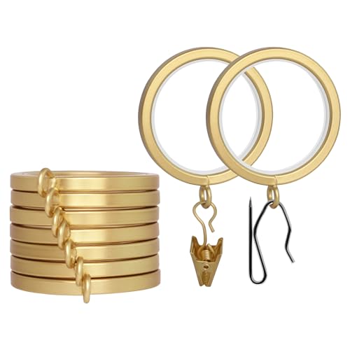 "BlastHome?? Luxury Curtain Rings - Premium Metal with Quiet, Smooth Nylon Inserts - Pinhooks and Clips Included - 1 1/2"" Inside Diameter - 9 Rings for One Standard Curtain - Brushed Gold"