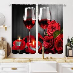 MESHELLY Red Rose and Wine Kitchen Curtains 27.5W x 39H Rod Pocket Red Black Curtain for Women Small Floral Drapes Romantic Girls Decor Burgundy Flower Cafe Curtains Love Print Window Drapes 2 Panels